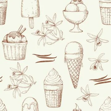 Seamless pattern with ink hand-drawn various ice cream desserts. Vector mon.. Illustrazione stock