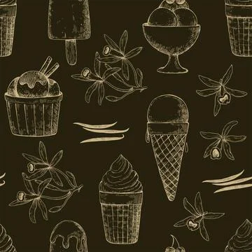 Seamless pattern with ink hand-drawn various ice cream desserts. Vector mon.. Illustrazione stock