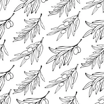 Seamless pattern with ink olive branches on white background. Stock Illustration