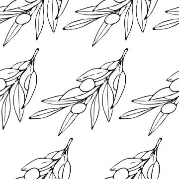 Seamless pattern with ink olive branches on white background. Stock Illustration