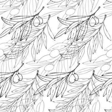 Seamless pattern with ink olive branches on white background. Stock Illustration