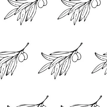Seamless pattern with ink olive branches on white background. Stock Illustration
