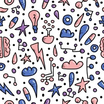 Seamless pattern of innovation concept in doodle style. Vector symbols repeat 스톡 일러스트