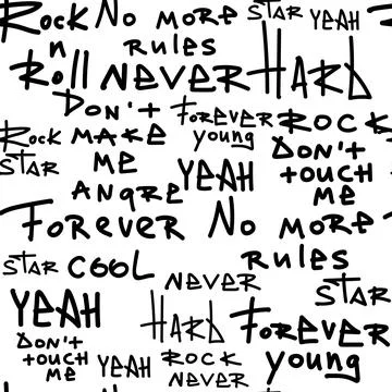 Seamless pattern with inscriptions about rock and roll, no more rules, never Stock Illustration