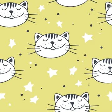 Seamless pattern with inscriptions cute cats. Vector template. Stock Illustration