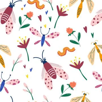 Seamless pattern with insects and wildflowers. Butterflies, dragonflies, flow Illustrazione stock