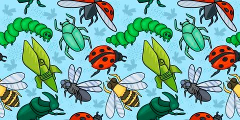 Seamless pattern with insects. Beetles, flies, butterfly and caterpillar. Vector Stock Illustration