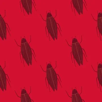 Seamless pattern with insects doodle silhouttes. Red and maroon colored bugs  Illustrazione stock