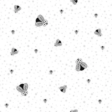 Seamless Pattern With Insects. Fly. Vector Black and white pattern of Flies o Stock Illustration