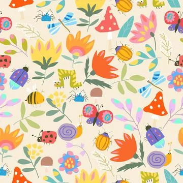 Seamless Pattern with Insects in Summer Plants and Flowers Stock Illustration
