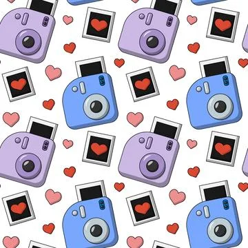 Seamless pattern with instant camera and heart Stock Illustration
