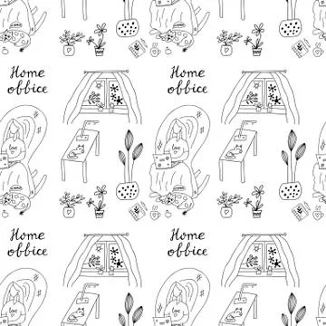 Seamless pattern on insulation theme. Home office lettering. Girl sitting in  Stock Illustration