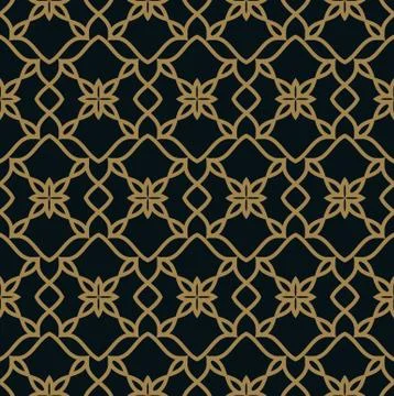 Seamless pattern of intersecting thin gold lines on black background. Abstrac Stock Illustration
