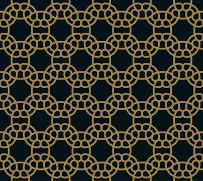 Seamless pattern of intersecting thin gold lines on black background. Abstrac Stock Illustration