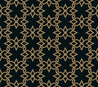 Seamless pattern of intersecting thin gold lines on black background. Abstrac Illustrazione stock