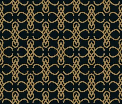 Seamless pattern of intersecting thin gold lines on black background. Abstrac Stock Illustration
