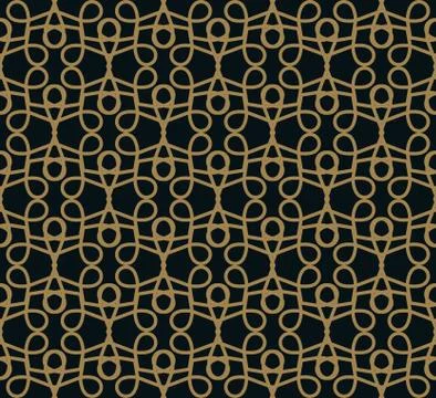 Seamless pattern of intersecting thin gold lines on black background. Abstrac Stock Illustration
