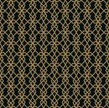 Seamless pattern of intersecting thin gold lines on black background. Abstrac Stock Illustration