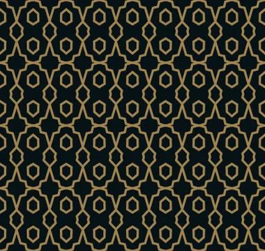 Seamless pattern of intersecting thin gold lines on black background. Abstrac Stock Illustration