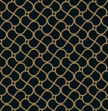 Seamless pattern of intersecting thin gold lines on black background. Abstrac Stock Illustration