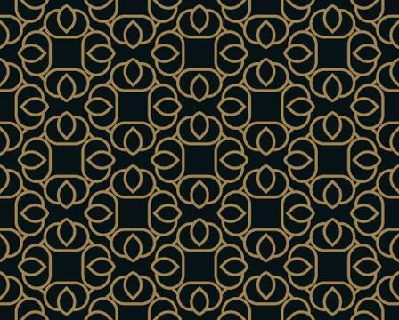 Seamless pattern of intersecting thin gold lines on black background. Abstrac Stock Illustration