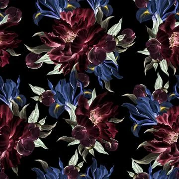 Seamless pattern inversion of peony and crocus, green leaves. Floral weddin.. Illustrazione stock