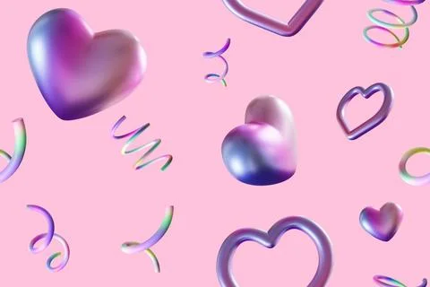 Seamless pattern with iridescent hearts and abstract spirals on pastel pink.. Stockillustratie
