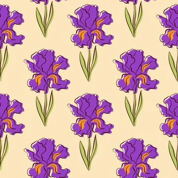 Seamless pattern with iris in flat style. Spring floral print, decorative Stock Illustration