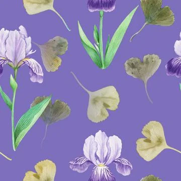 Seamless pattern with iris flowers and ginkgo leaves. Watercolor detailed Stock Illustration