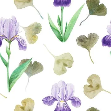Seamless pattern with iris flowers and ginkgo leaves. Watercolor detailed Illustrazione stock