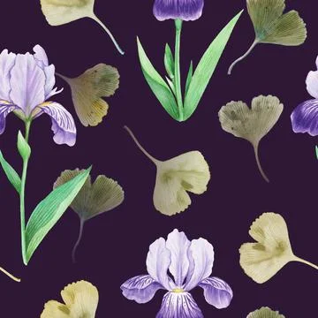 Seamless pattern with iris flowers and ginkgo leaves. Watercolor detailed Illustrazione stock