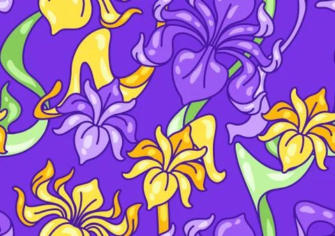 Seamless pattern with iris flowers. Art Nouveau vintage style. Illustrazione stock