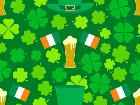 Seamless pattern with Irish flag, clover leaves, leprechaun hat and glasses.. Stock Illustration