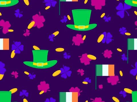 Seamless pattern with Irish flag, clover leaves, leprechaun cap and gold co.. Stock Illustration
