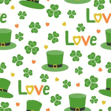 Seamless pattern with Irish hats, shamrocks and the inscription Love Stock Illustration