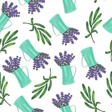Seamless pattern with iron jug with flowers bouquet of lavender and leaves Stock Illustration