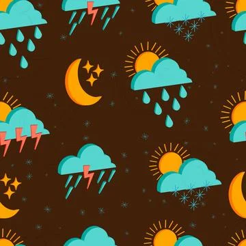 Seamless pattern of isolated 3d weather icons on brown background Illustrazione stock