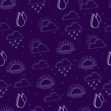 Seamless pattern of isolated contour 3d weather icons on a dark lilac backg.. イラスト素材