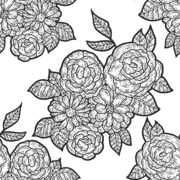 Seamless pattern, isolated flower composition. Sketch scratch board imitation. Stock Illustration