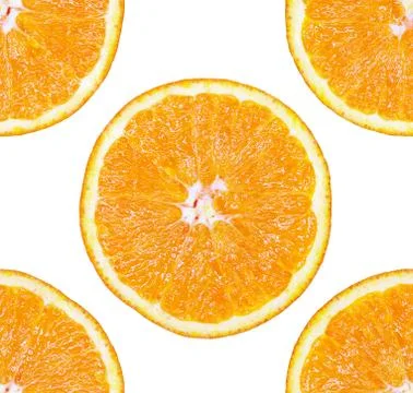 Seamless pattern of isolated slices of orange. Wallpaper for background, design Stock Photos