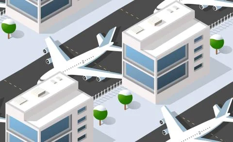 Seamless pattern Isometric 3D city airport with transport 스톡 일러스트