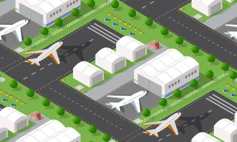 Seamless pattern Isometric 3D city airport with transport 스톡 일러스트