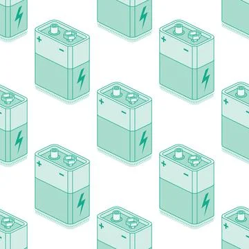Seamless pattern with isometric 9V battery isolated on white background. Ni.. Illustrazione stock