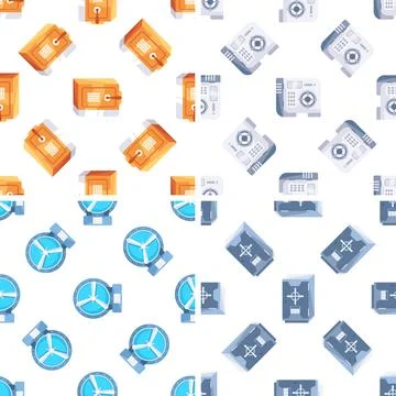 Seamless pattern with isometric bank vault door and safe box protecting money Illustrazione stock