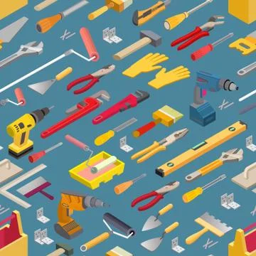 Seamless pattern with isometric construction tools. Vector background. Illustrazione stock