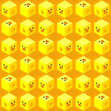 Seamless pattern of isometric cubes with flat design cute duck face on orange Stock Illustration
