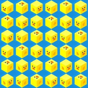 Seamless pattern of isometric cubes with flat design cute duck face on blue b Stockillustratie