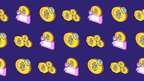 Seamless pattern of isometric dollar coins, discounts, and financial check icons Stock Footage 319773360