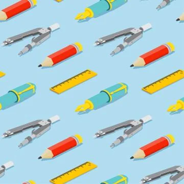 Seamless pattern with isometric pair of compasses, fountain pen, pencil, and Ilustração Stock