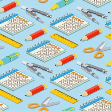 Seamless pattern with isometric pair of compasses, calendar, fountain pen Ilustração Stock